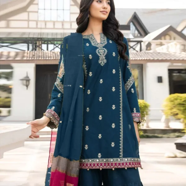 3 Piece Unstitched Embroidered Pure Lawn (Navy Blue) | Maria B