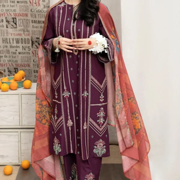 3 Piece Unstitched Embroidered Pure Lawn (Brown) | Maria B